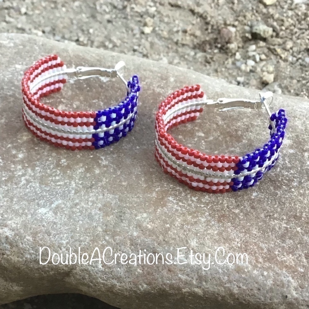 AMERICAN Flag Wide Beaded Hoops